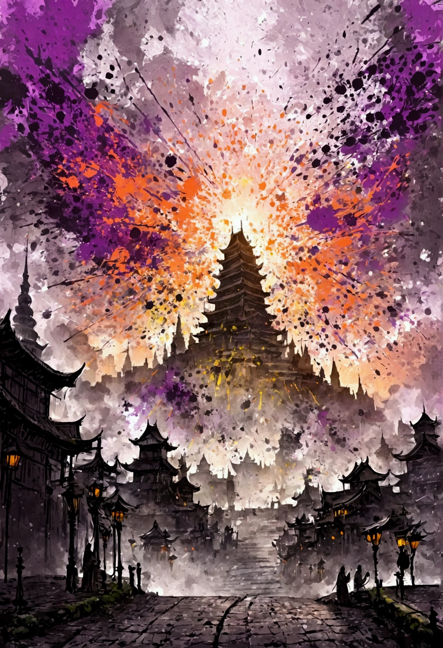 (((fantasy ink splatter art:1.3))), Skyline of a mysterious city, A fascinating beautiful landscape appears, Chaotic colorful lines ink strokes, elaborate details, Every stroke radiates an enchanting feeling, extraordinary creation, Whether ink painting or oil painting, Master stunning details, pure brilliance, eerie atmosphere