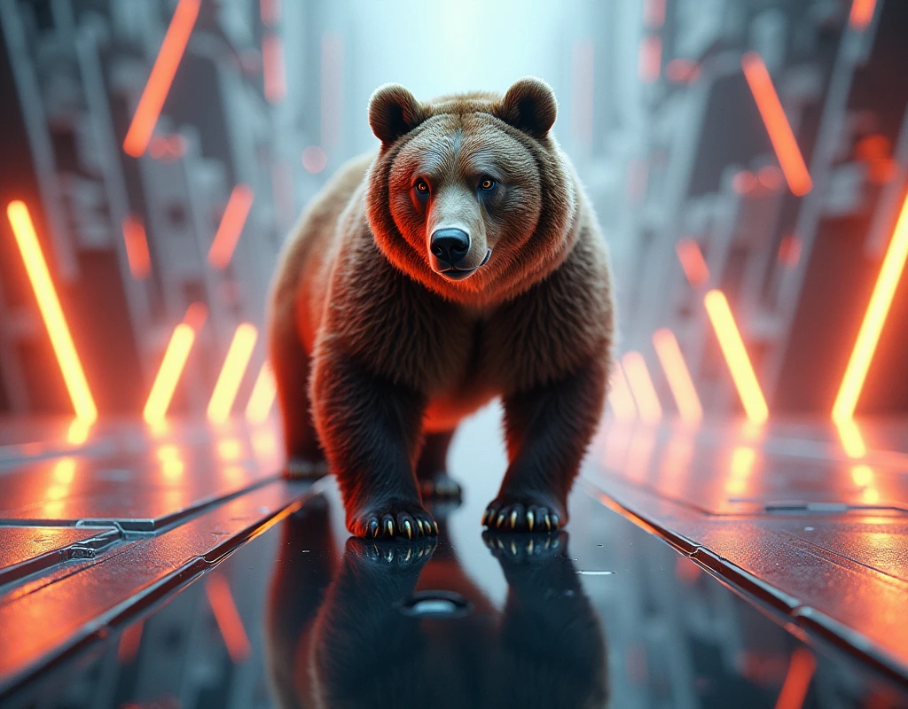 An Bear] parked on the mirror surface of an abstract geometric structure in a hightech style, surrounded by [Brown+gray] light strips, reflection photography, hyper quality, bright background, advertising photography, advertising poster, high resolution, hyperrealistic rendering