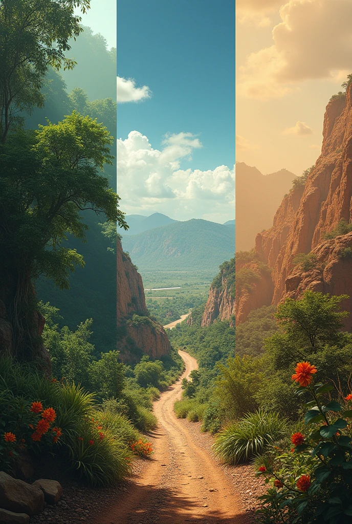 Take a photo mixing the environment of the choco with all its green, of Afghanistan at the time of the Soviet invasion and of the Mexican plains in the period after the Mexican revolution. Divide that image into three fractions representing each environment.