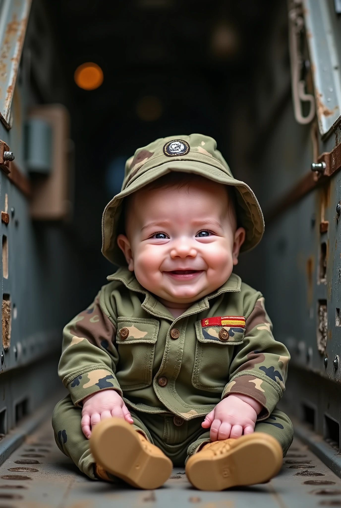 Cute newborn smiling in army uniform in C130 plane Real life