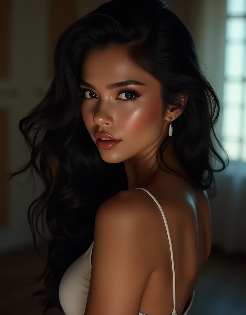20 years old beautiful girl black hair breast size C cup hip ratio0.69 high resolution,Play with light and shadows in a dimly lit room, focusing on your eyes and lips, as you glance over your shoulder with a look that teases and entices.masterpiece, Best Quality, intricate details, Very detailed, Sharp focus, detailed skin, realist skin texture, texture, detailed eyes, professional, 4k, charming smile, shot with cannon, depth of field, Kodak Color Vision, perfectly fitted body, extremely detailed, Photo_\( ultra\), Photorealist, realist, post processing, Maximum details, roughness, real life, ultrarealist, Photorealism, Photography, 8k hd, Photography