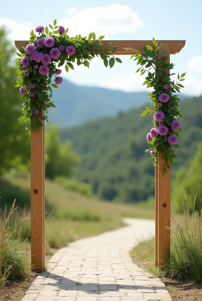 I want an image of a wooden wedding arch that is straight not curved and that only in both upper corners there is a symmetry of purple carnations with green leaves. In the lower part there is nothing and it is in the open air.