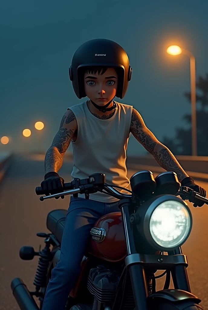 Twenty year old boy, grey eyes with a white shirt and blue pants, sitting on a motorcycle with a helmet on his head and gloves, Arms full of tattoos, It is half turned and you can see its profile, His expression is arrogant, It is nighttime, the colors are yellow and orange and you can see some lighthouses in the background