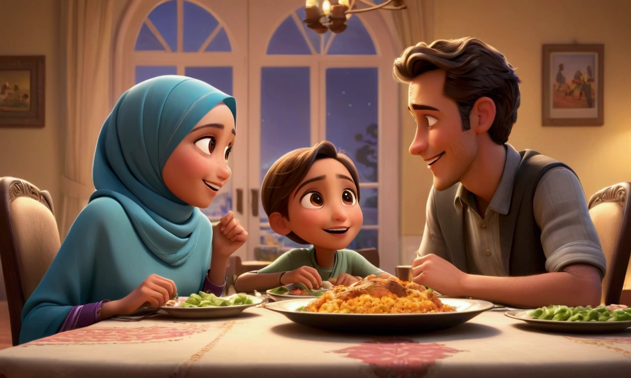 a happy man, a woman with hijab, a young boy, and a young girl sitting at a dinner table, in a beautiful living room, Pixar style, 