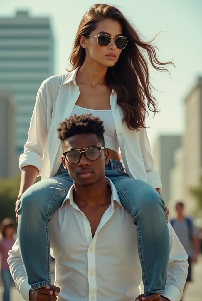 Create a photo of a 20 year old young woman, with a slender and beautiful body, wearing jeans and an open white shirt, with white and clear skin, with long brown hair and wearing sunglasses being carried on the shoulders of a teenage boy ,Scrawny, homely, short man who has dark black skin and is wearing a white shirt and jeans and glasses
