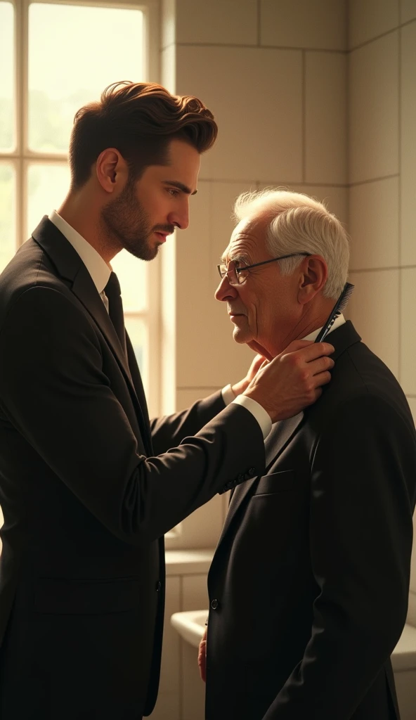 a handsome guy with black suit combing his old father's hair with a comb at a wash room, pixar disney style, cinematic, masterpiece, high-aesthetic , portrait