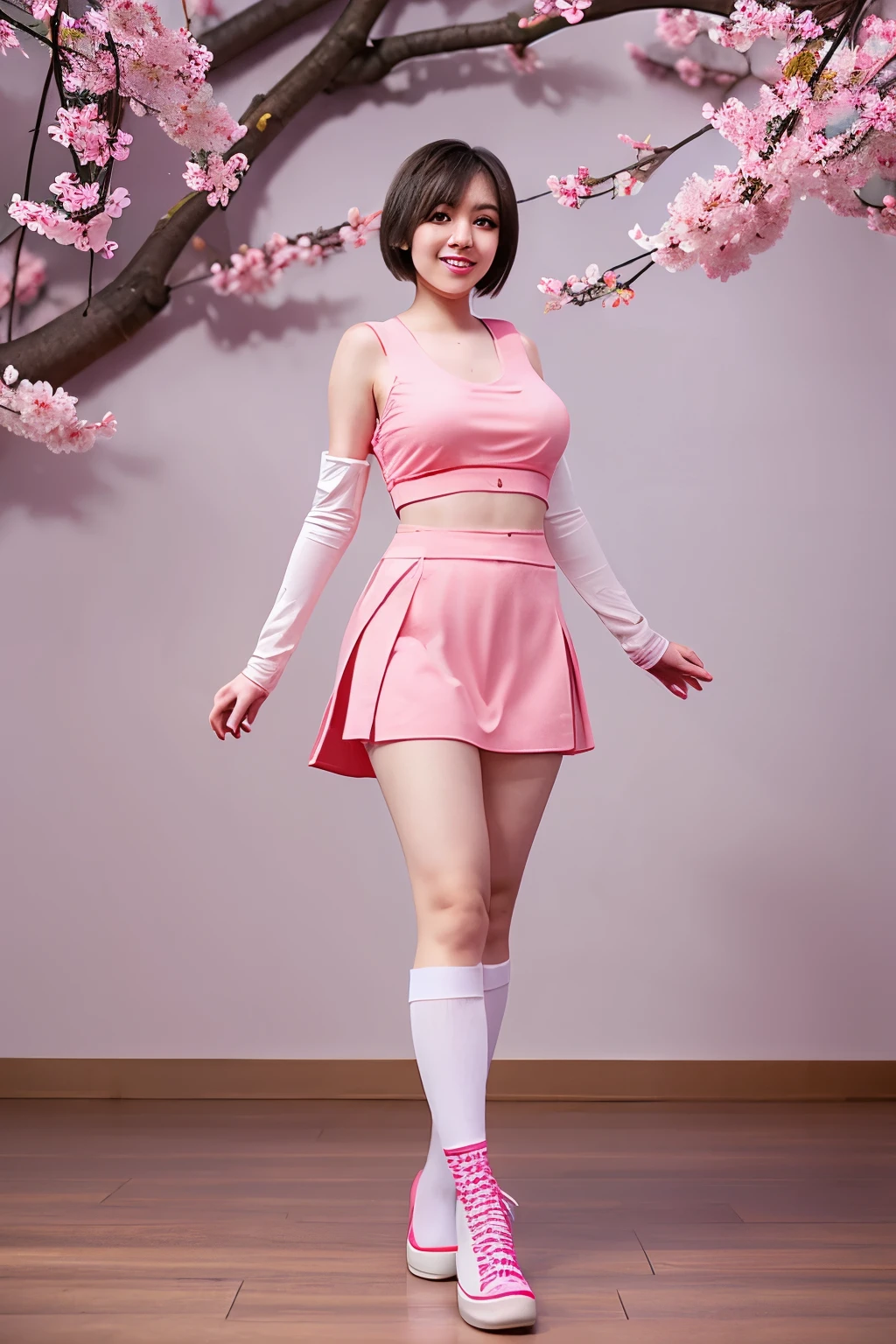 open legs，Beautiful young Japanese woman, Female armor made of papyrus., Features of coarse symmetry, very short hair, background with cherry blossoms, pink hello, Red lips, Octane rendering,