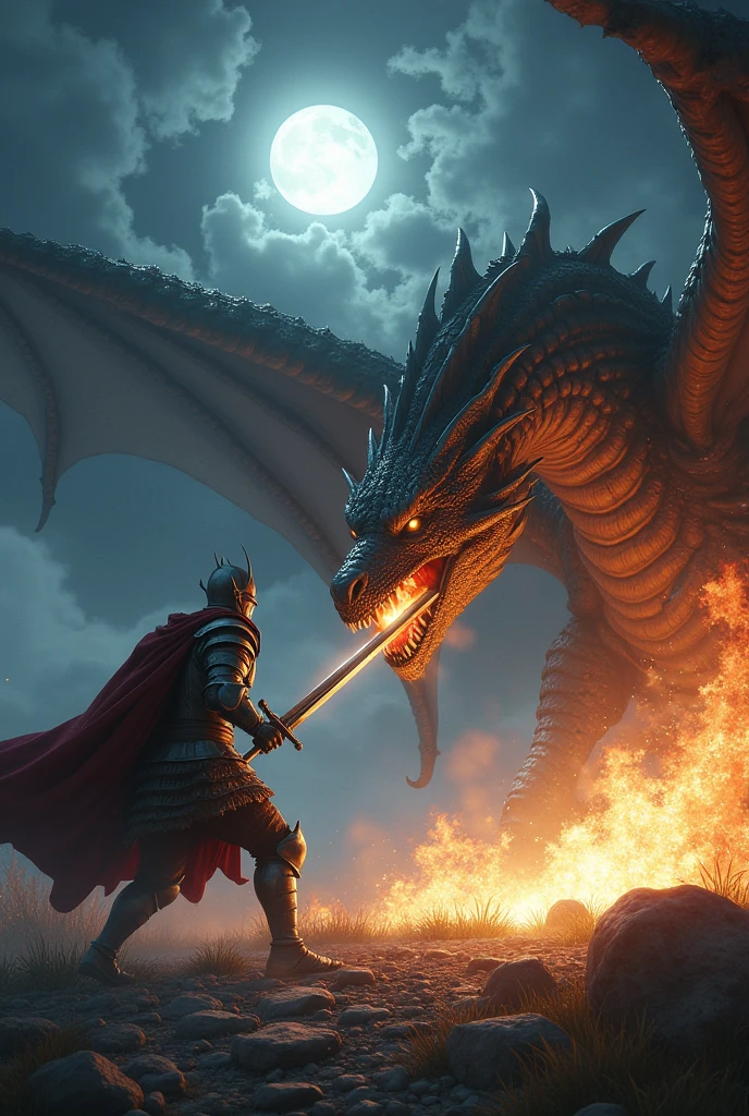 A knight with full armor and a sword is fighting an evil dragon with two heads in the night