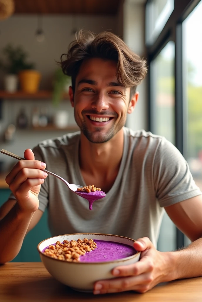 realistic young man, At the acai shop ,eating acai , ultra HD, high qualiy, best qualityer, high resolution 18k