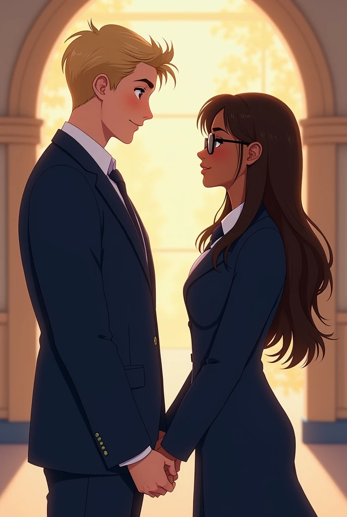 Kit connor with honey blonde hair , thick build, blue eyes in a smart navy blue uniform at a high school flirting with a dark skinned girl, latina, brown eyes with glasses, Long hair, Dark brown straight hair, with elegant navy blue uniform, The young woman has her back to him. The girl is behind the photo Let it be 2d format