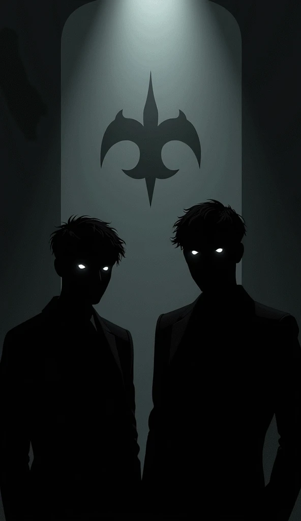 male characters, dark, looking forward, just silhouette, no mask, chester symbol, two eyes white.