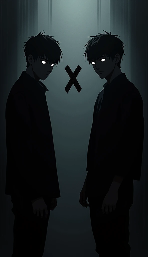 male characters, dark, looking forward, just silhouette, no mask, chester symbol, two eyes white.