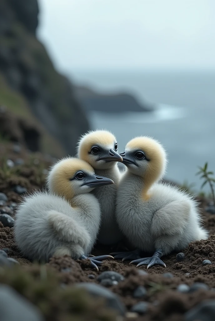 3 young alcatrazes that barely have any feathers