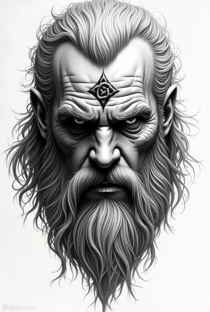 black and white drawing of odin's face without one eye with the vegvisir