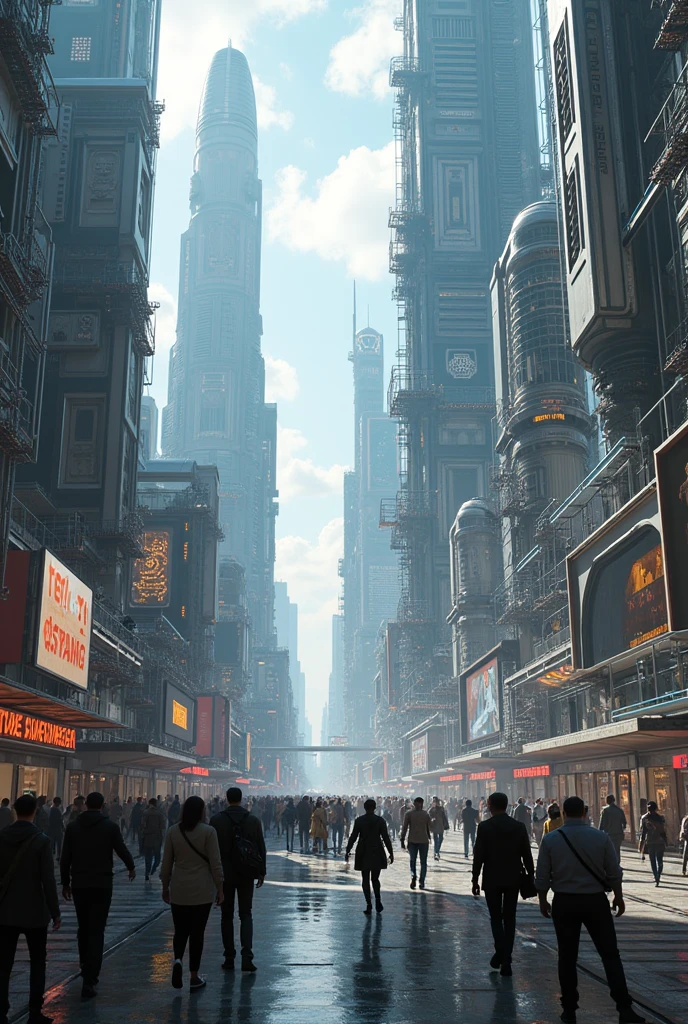 A futuristic cityscape with advanced technology and robots interacting with humans, showcasing a world where AI is integrated into everyday life and work.