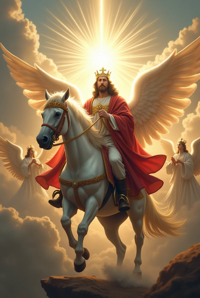 Creating Jesus without wings, with his face covered in bright white light with a golden crown and a red cape, riding on a white horse holding the reins of the horse among the clouds of the sky, surrounded by angels riding on horseback, and below panoramic view of a city 