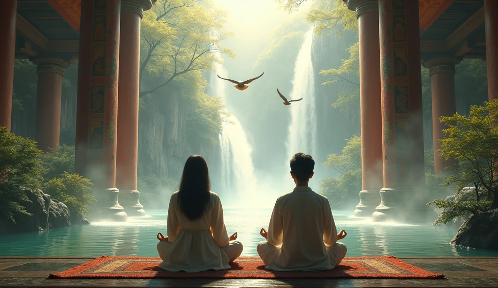 2 Asians meditating with their backs to an image in an ancient temple with birds flying and two waterfalls in front and lots of nature