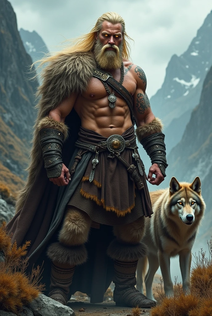 Druide Aasminar homme du feu sauvage blond aux yeux dorée avec un chienloup sur le thème viking