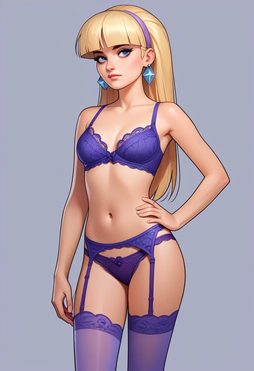 account_9, account_8_ex, account_7_ex, account_6_ex, account_5_ex, account_4_ex,pacifica, 1girl, solo, long blonde hair with bangs,empty background,hand on hip,dark blue eyes, purple shadows,round lavender earrings,looking at the viewer,(((purple lace bra))),(((purple lace panties))),(((purple stockings with garters))),standing straight,front view