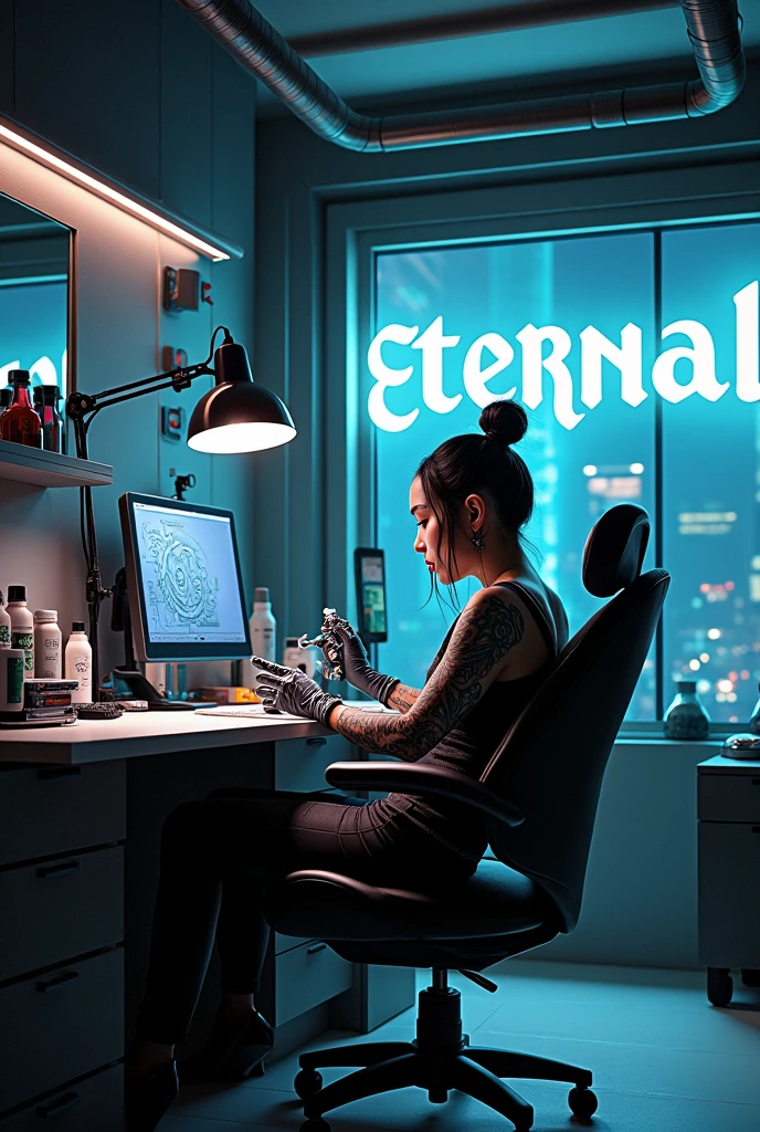 Tattoo Studio name is Eternal, Tattoo Artic name is Zan, Tattoo studio in Tattoos robot,
Tattoo Studio room background in studio name and artic name