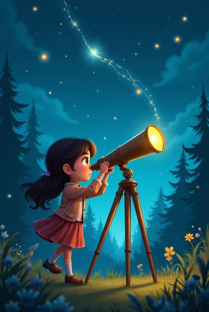 Once upon a time in the small town of Starlight, lived a curious girl named Zara. Zara loved two things more than anything: exploring the woods behind her house and gazing at the stars with her trusty telescope. One bright night, as she adjusted her telescope, she noticed something unusual—a shimmering light twinkling in the sky.