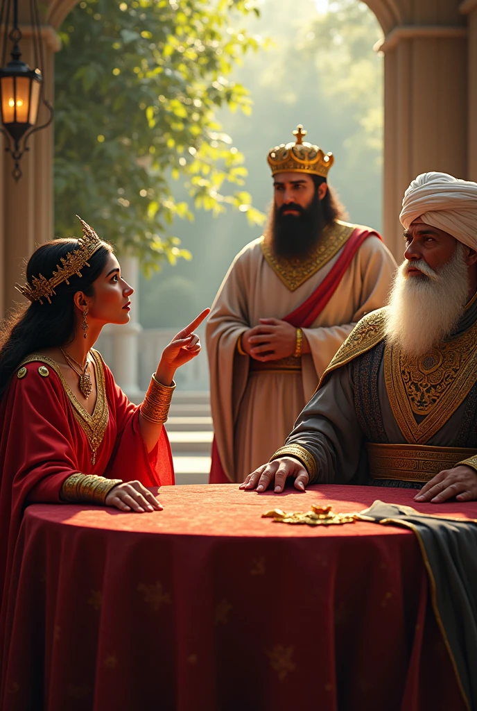 Make the queen of Persia with a red dress and her crown at the table and the king of Persia with his crown and with a dark beard and an officer with a white beard and a white turban , the queen is pointing her finger at the officer in the white turban with a look of fright add to the background garden with sun shining