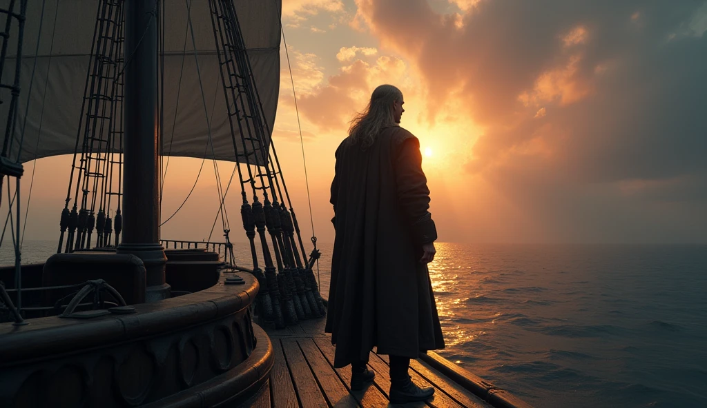 A cinematic and dark image of a medieval ship captain standing at the prow of his vessel, gazing into a misty, otherworldly horizon. The twilight sky is awash in rich golds and deep purples, hinting at the approach of a mythical realm like the lost Land of Mu. Ethereal shapes of sirens glide gracefully around the ship in the distance, their haunting songs almost visible as ripples of light that encircle the captain, drawing him into a dreamlike trance. The ship's wooden deck is weathered, the sails barely catching the wind as the surreal, darkened sea stretches infinitely ahead, filled with an aura of mystery and ancient lore., Surrealism, Hyperrealism, UHD, retina, masterpiece, accurate, anatomically correct, textured skin, super detail, award winning, 16k