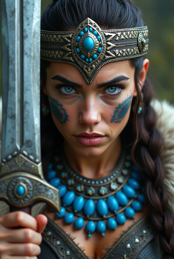 Close up viking warrior with sword in hand, Woman, blue eye, makeup on face, sword next to the face, large head ornament , blue neck necklace, painted face, angry, yelling