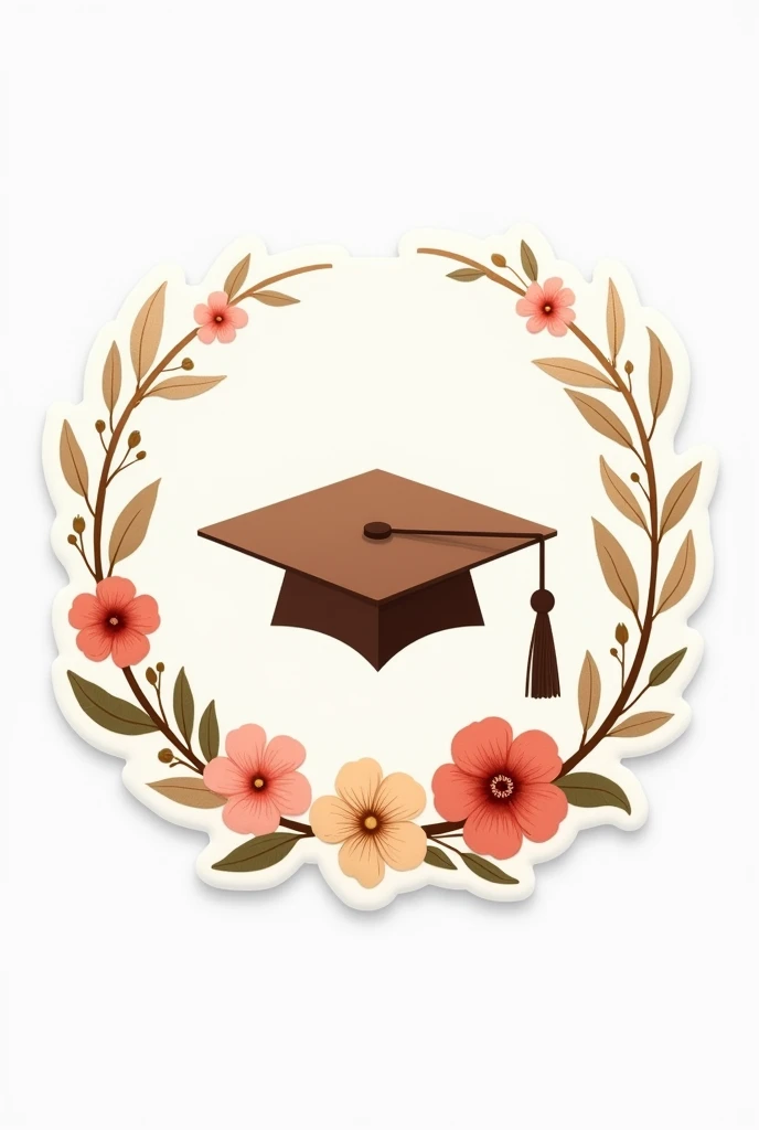 A sticker with a graduation cap in the middle in brown, It has to be delicate and with flower arches forming a circle around the hat 