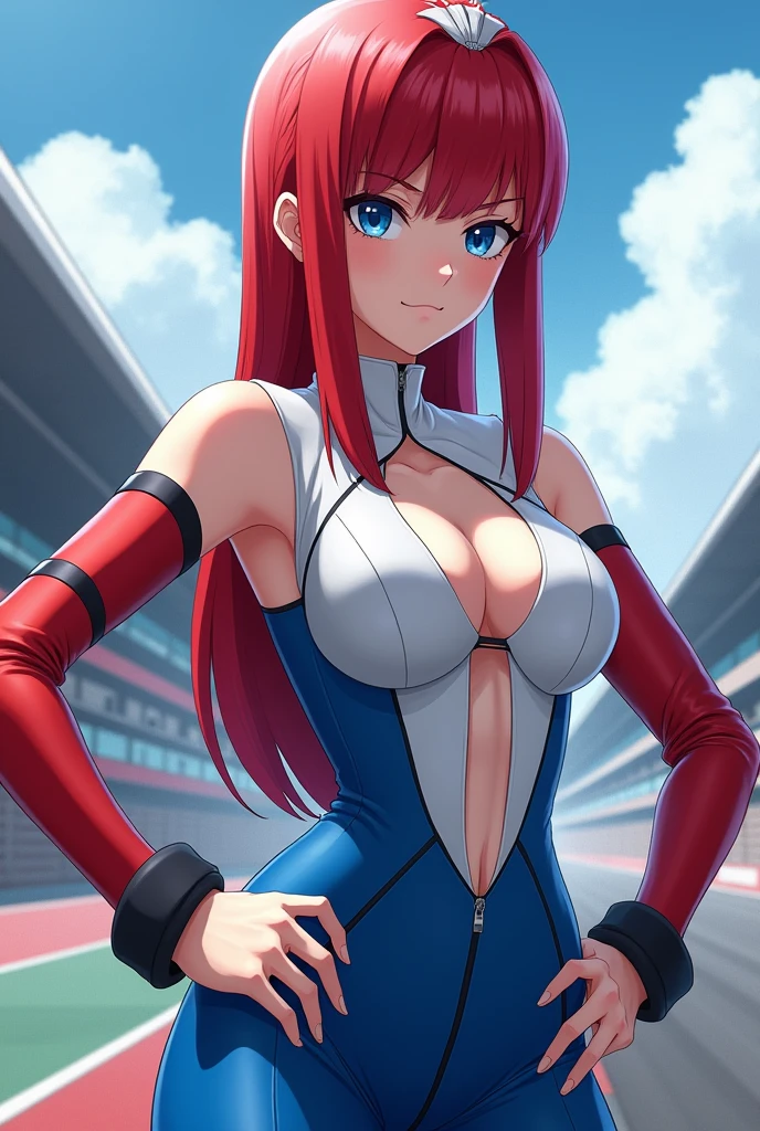 A female RWBY student. (((straight hair))), (((red and white haired))), (((pale blue eyes))), long lashes, (((Detailed face))), (((detailed eyes))), ((square chin)), high cheek bones, shallow cheeks, pale skin. Detailed hands and fingers. curvy body, wide hips, narrow waist. Wearing white and blue leather outfit with open top, leather belts. Fantasy. Stern expression. Show her standing with her hands on her hips, looking to the side. automotive racetrack background. Masterpiece quality, best quality, hd,4k, volumetric lighting
