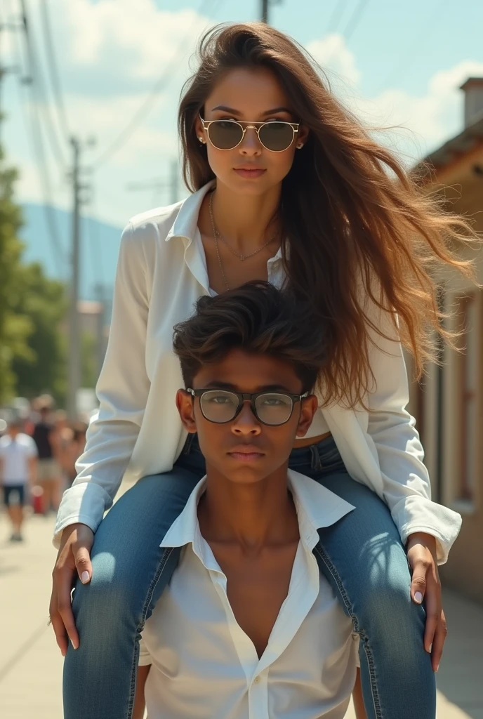 Create a photo of a 20 year old young woman, with a slender and beautiful body, wearing jeans and an open white shirt, with white and clear skin, with long brown hair and wearing sunglasses being carried on the shoulders of a teenage boy ,Scrawny, homely, short man who has dark black skin and is wearing a white shirt and jeans and glasses