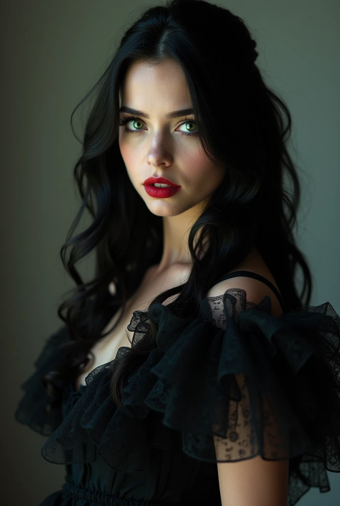 "A young Gothic woman in her 20s with a captivating look. Her elongated green eyes are framed by long lengths and well-shaped eyebrows. A red mouth complements the pale skin of her face. Her long black hair, falling in defined curls in a side of the head, are highlighted by a soft light that emanates from behind. She wears a black embroidered tulle dress, with many detailed ruffles that fall on the shoulders that highlight the scene. high quality, UHD.