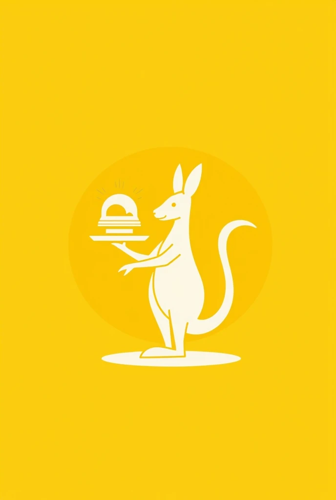 Un logo rond basic blanc sur fond jaune d'un kangourou qui tient dans sa main droite un plateau au dessus de ce plateau, there is a sunset. Dans son autre main, he holds the service bell open to the sunset.