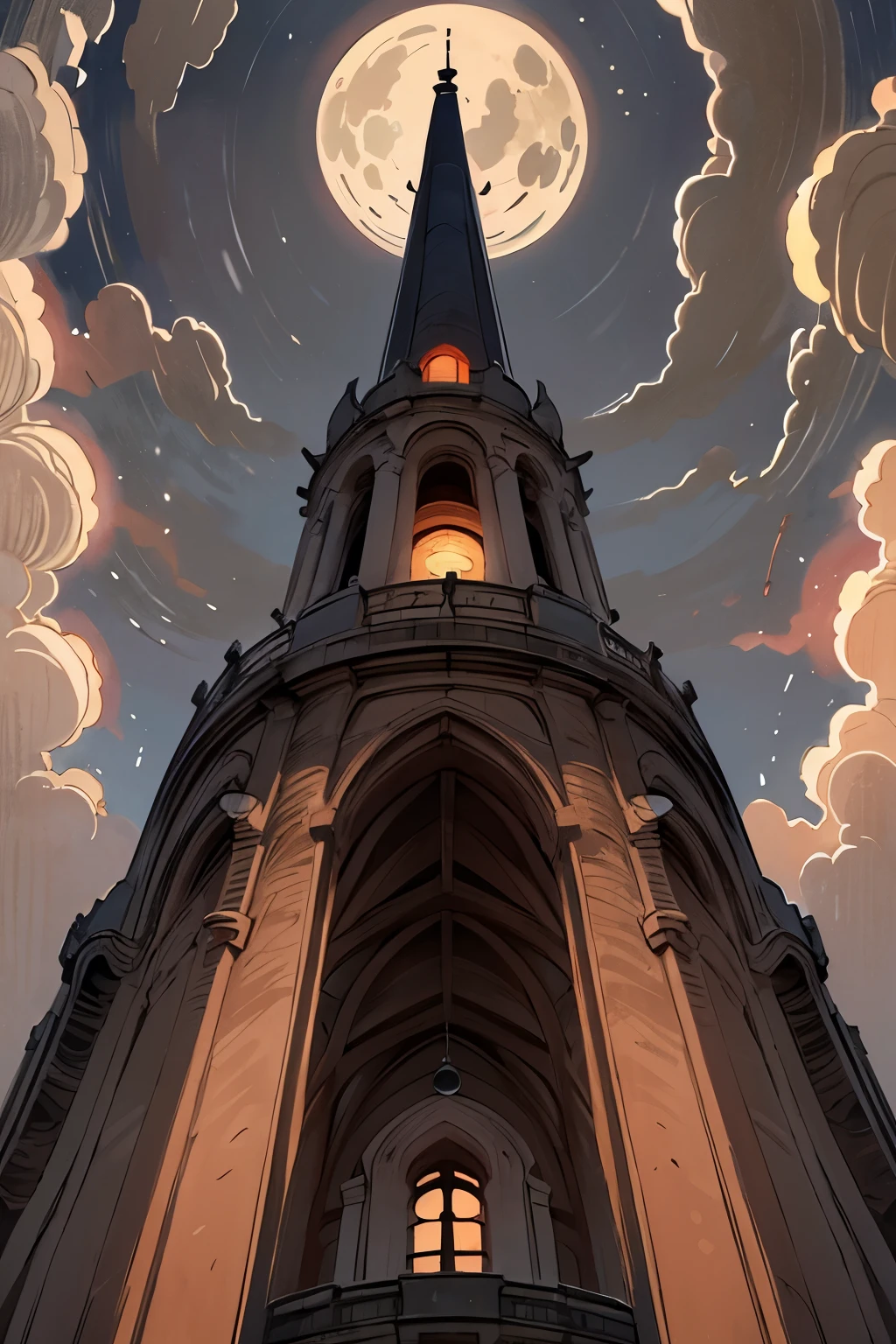 a bell tower and a tower seen from below, clouds, red enamel moon surrounded by white, night sky clouds near the moon, village, night, surreal atmosphere.