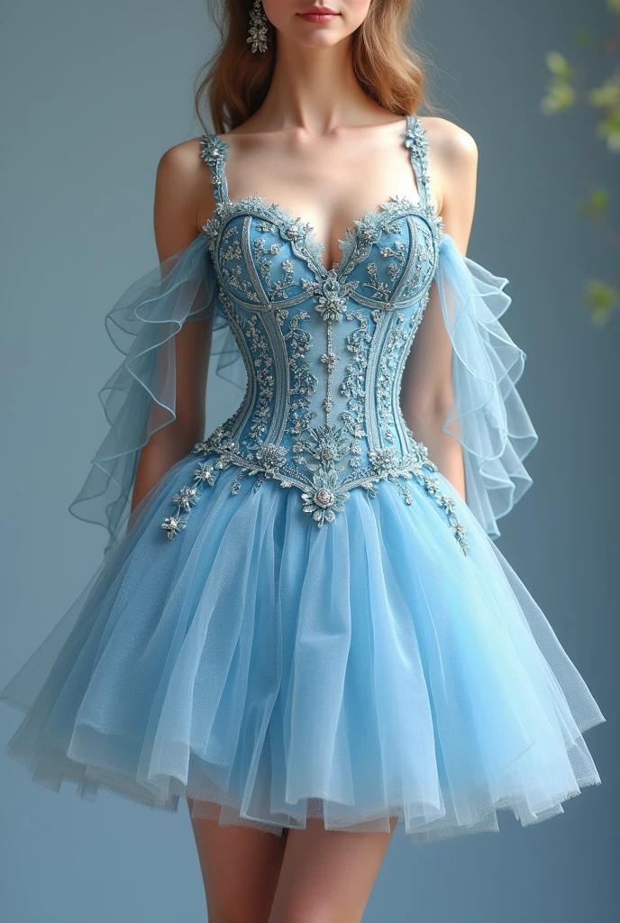 Glamorous short romantic style dress with multi-layered skirt in light blue tulle with sparkles, gliter, diamond that does not go past the knee and corset at the waist with a neckline between the yellow bust with bipiur embroidered lace and many flowers highlighted throughout the 3d corset and rhinestones and with floating sleeves