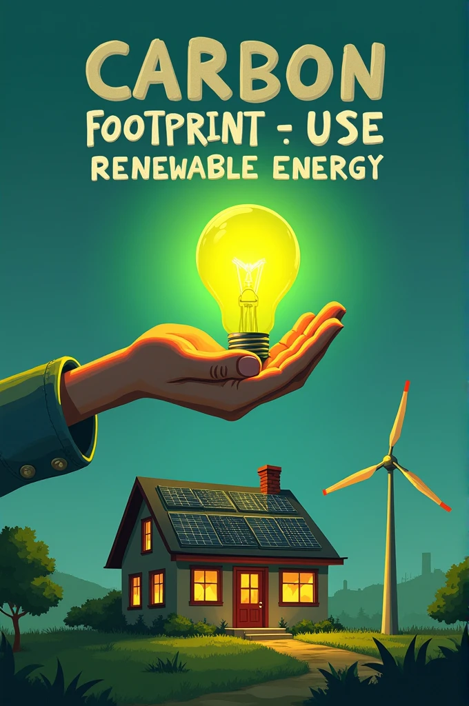 A drawing of a house with solar panels on the roof and a small windmill next to it. Aside, a carbon footprint is being "Blurred" by a hand holding a green light bulb. the phrase "Reduce your carbon footprint: Use Renewable Energy" It is written in large, bold letters, highlighting the importance of using clean energy sources to combat climate change.