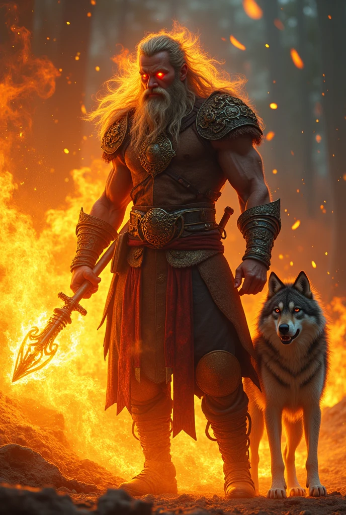 Druide Aasminar homme du feu sauvage utilisant du feu blond aux yeux dorée avec un chienloup sur le thème viking