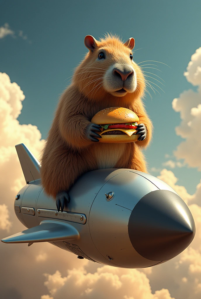 capybara, rocket ship, hamburger