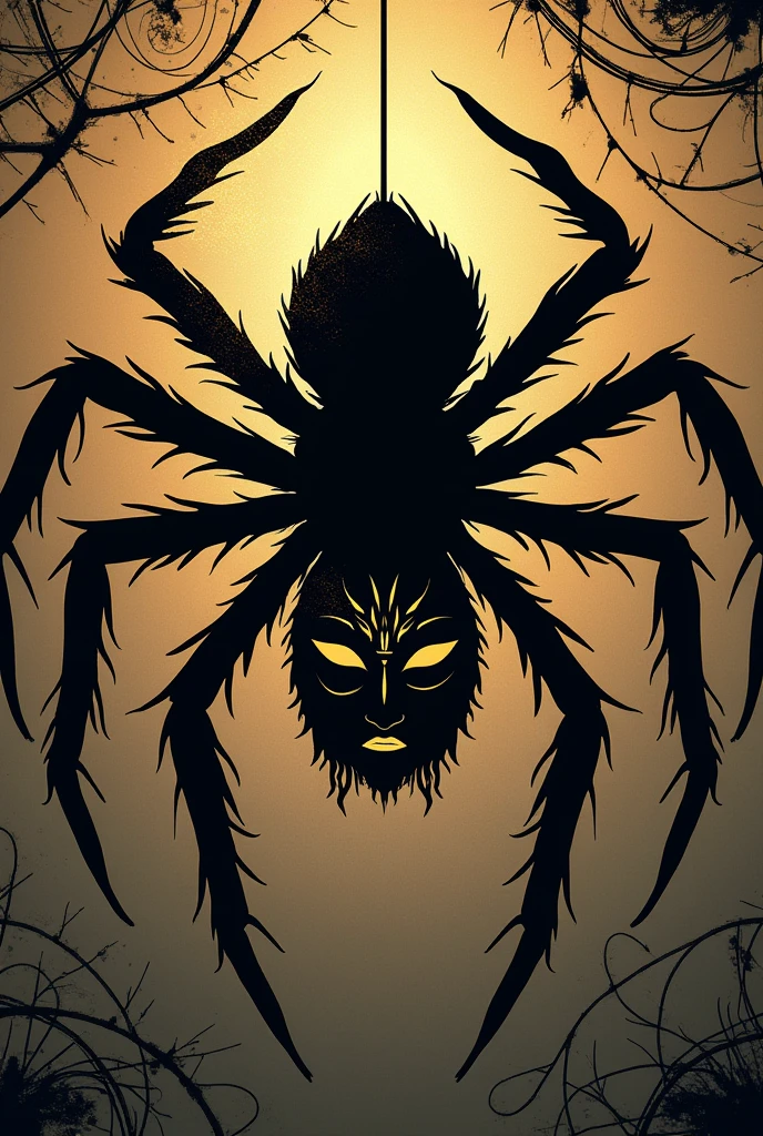 Create a logo for a musical theatre project titled "The Spider Monologue". The design should feature a stylized silhouette of a spider in the center of the logo. The spider must be adorned with a theater mask (from tragedy to comedy) instead of his face. The mask can be classic, with details such as eyeliner and mouth, to give it a theatrical touch. The silhouette of the spider can be black or a dark color., while the mask can be gold or silver to highlight.
The background should have a subtle design that may include spider webs or intertwined threads., complementing the figure of the spider. The typography of the project name "The Spider Monologue" must be included, perhaps in an elegant and theatrical style, located at the bottom or around the silhouette. Use colors that evoke mystery and theatricality, like black, gold and silver.