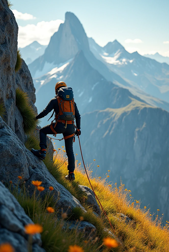 climber at the beginning of a mountain on the meadow background photorealistic mountaineering Climber ascending a mountain at 3:00 seen from behind with bright colors
con el texto de fondo "trabaja tu ego"