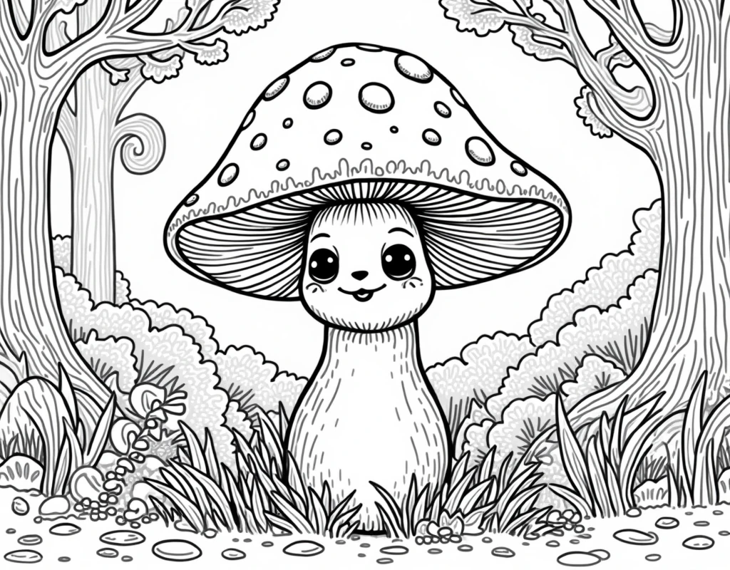 Coloring book, white background, mushroom and forest
