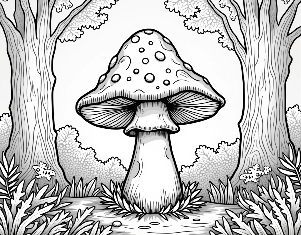 Coloring book, white background, mushroom and forest