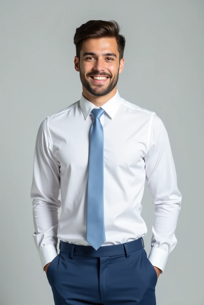 A young man in a white dress shirt with a light blue tie and medium blue dress pants png background