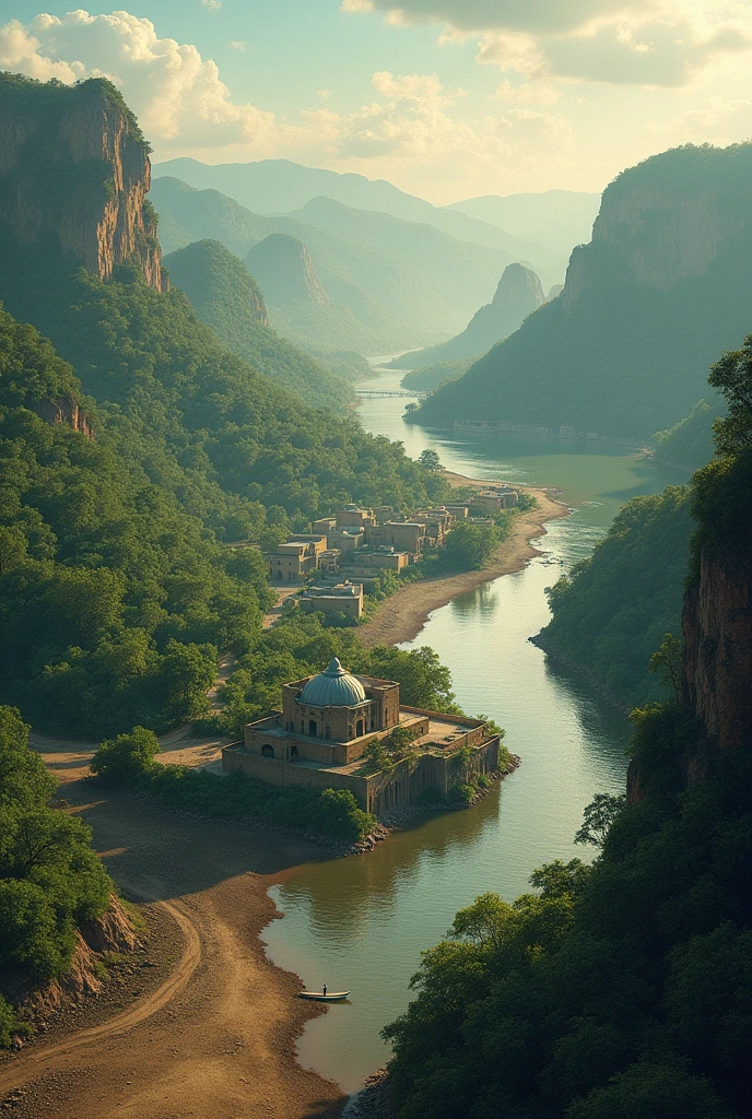 Take a photo mixing the environment of the choco with all its green, of Afghanistan at the time of the Soviet invasion and of the Mexican plains in the period after the Mexican revolution. Divide that image into three fractions representing each environment., and that the atrato appears in the choco and in the Afghanistan a small town