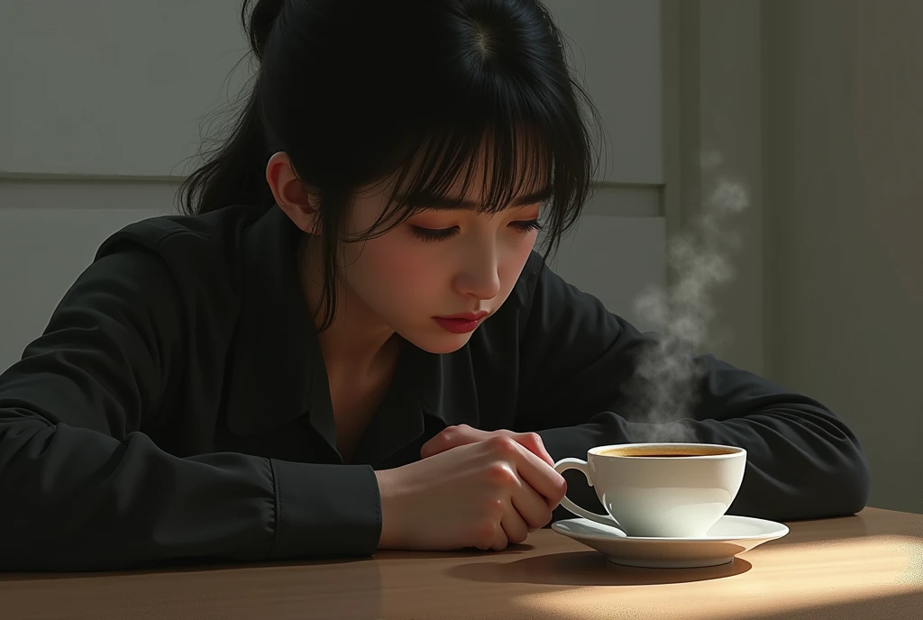 A person looking at a cup of coffee, thoughtful.