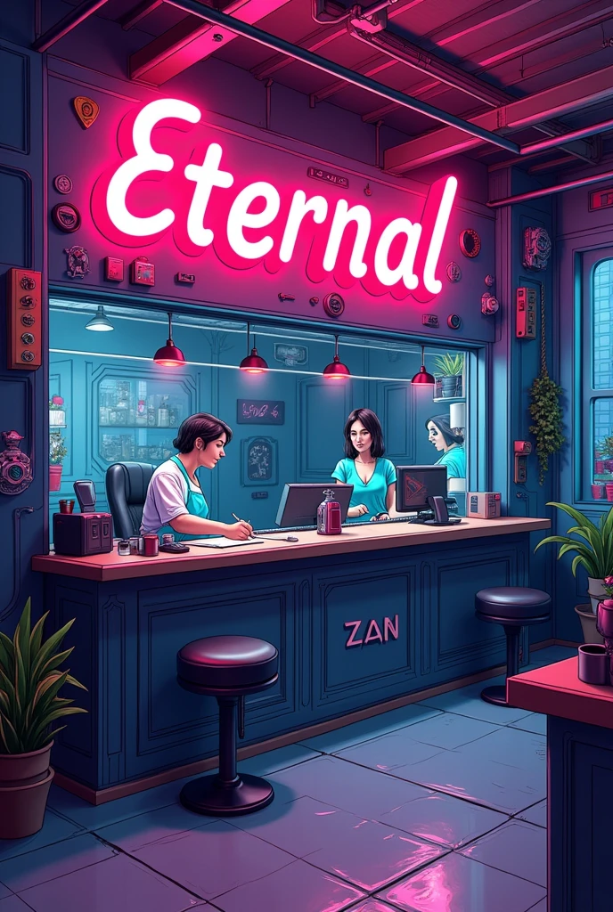Tattoo Studio name is Eternal, Tattoo Artic name is Zan, Tattoo studio in Tattoos robot,
Tattoo Studio room background in studio name and artic name, Cartoon