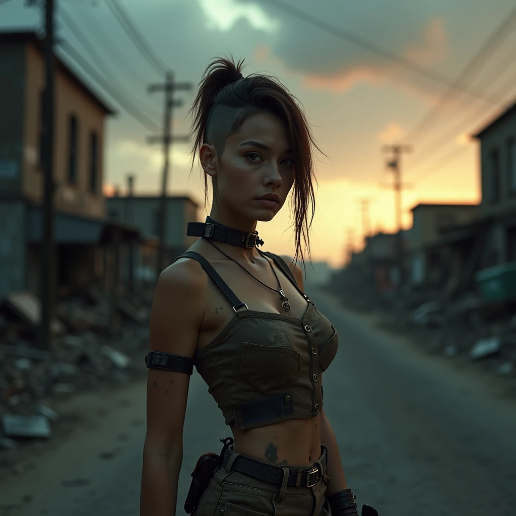 An undead girl wanders among the rubble of a destroyed city, among the rubble you can see some victims and car wrecks, the sky is covered in smoke and radiation