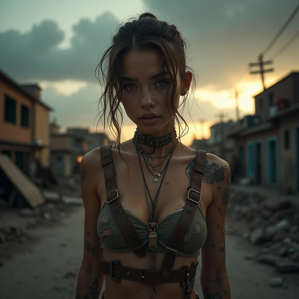 artwork, ultra detailed, 8K, RAW photo, realistic light, cinematic composition, skyscape with clouds, full color dusk, depth of field, 35mm, post-apocalyptic aura, steampunk aesthetic, 1 cute woman, on the ruined street, (dirty and torn steampunk clothes), cute sexy, depth of field, (focus: 1.2), dark atmosphere, dynamic motion, cinematic lighting, detailed face and skin texture, thin eyes, brown hair color, shaved sides, action movie style, vivid colors