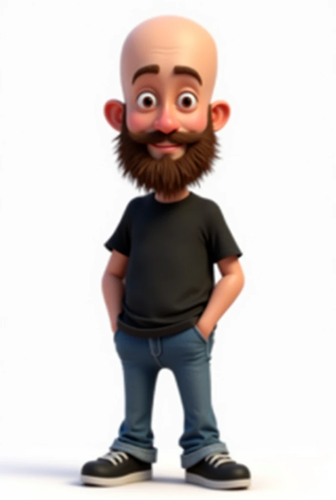 create a disney and pixar style character bald and with a full beard, missing only below the mouth, but with a beard on the chin yes. thin eyebrow, fine nose, oval square face, black t-shirt and jeans, black sneakers, white background