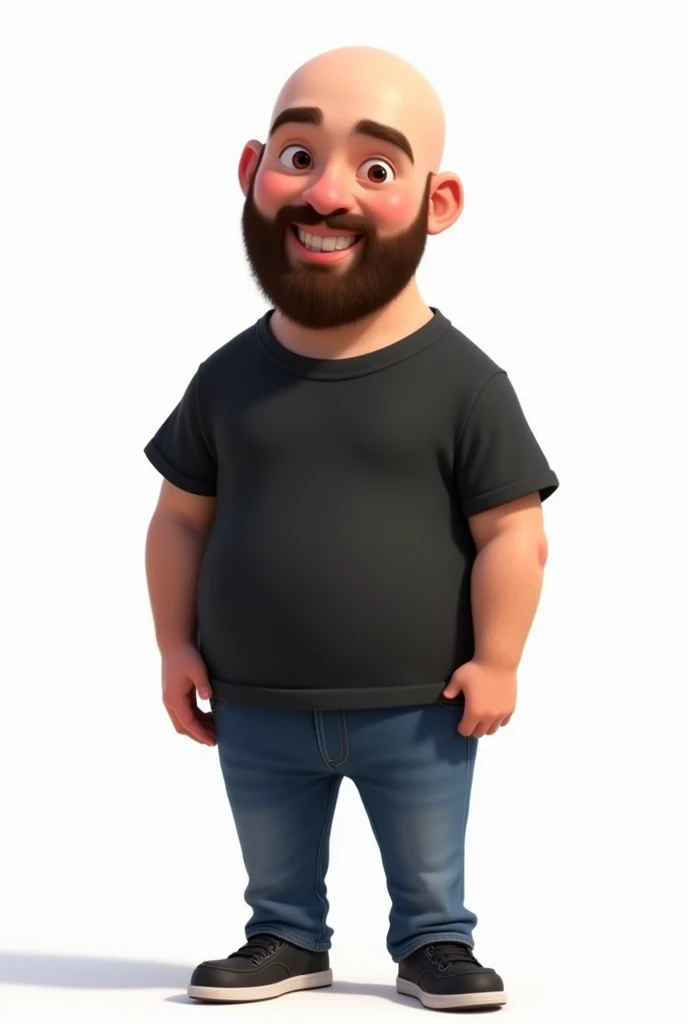 create a disney and pixar style character bald and with a full beard, missing only below the mouth, but with a beard on the chin yes. thin eyebrow, fine nose, oval square face, black t-shirt and jeans, black sneakers, white background